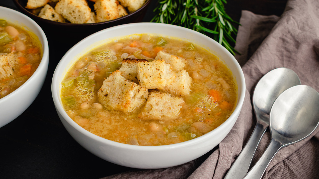 Winter Bean Soup with Leftover Roast Vegetables and Parmesan Croutons