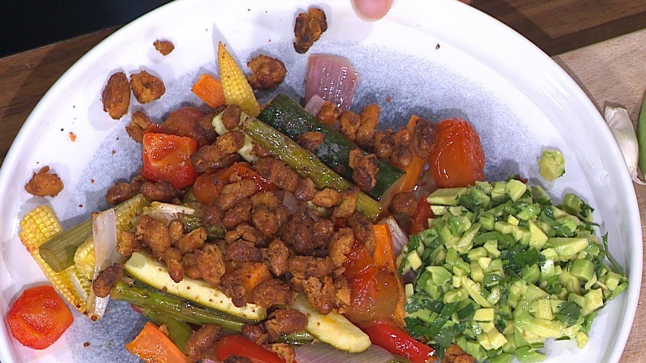Roast Vegetables with Spiced Cannellini Beans & Avocado Dip