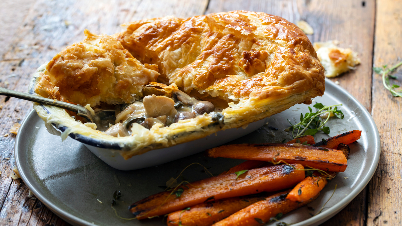 Chicken, wild mushroom and shallot pie with crushed carrot and parsnips