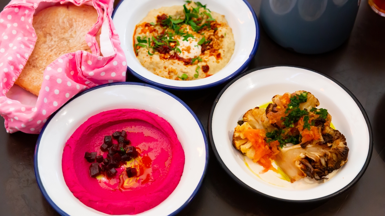 Yoghurt Flatbreads with Spicy Vegetables, Goats Cheese & Beetroot Hummus.