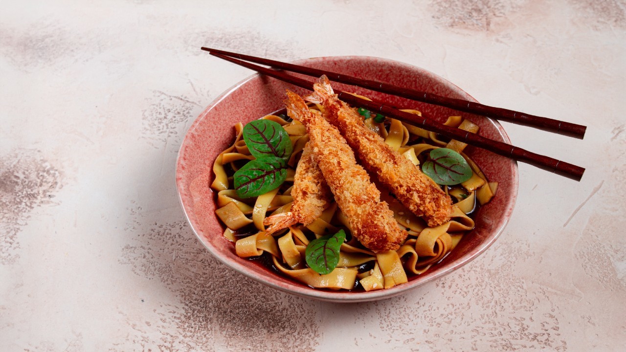 Curry Noodle Soup with Tempura Prawns