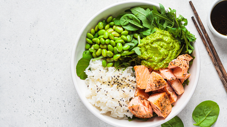 Honey Glazed Salmon Bite Bowl with Spicy Mayo Dressing