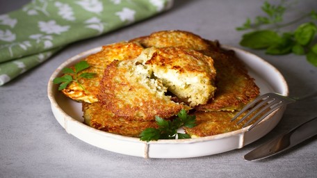 Irish Boxty Potatoes with Roasted Mushrooms, Kale and Mustard Cream