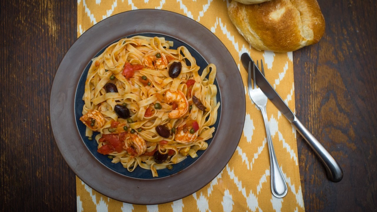 Spaghetti Puttanesca with King Prawns