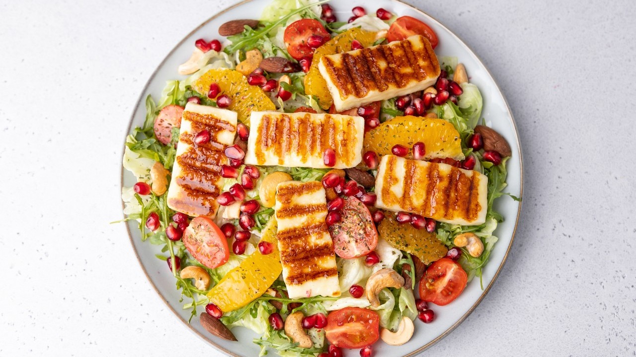 Grilled Halloumi Cheese Salad with Roasted Chickpeas, Aubergine and a Honey Chilli Dressing