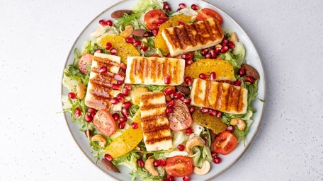 Grilled Halloumi Cheese Salad with Roasted Chickpeas, Aubergine and a Honey Chilli Dressing