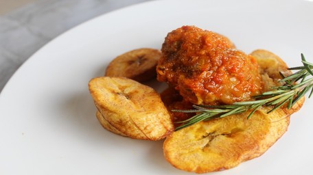 Brown Stew Chicken with Boiled Plantain