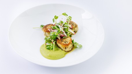 Pan Seared Scallops with Crispy Black Pudding and Pea & Mint Puree