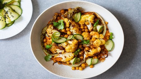 Air-Fried Cauliflower and Chickpea Salad with Tahini Dressing, Pickled Red Onions & Hot Honey Halloumi