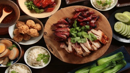 Honey Glazed Char Sui Roast Pork Lion in the BBQ served with Vietnamese Rice Noodle Salad 