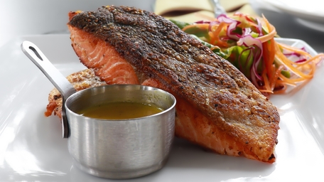 Crispy Korean Glazed Salmon with Summer Slaw and Avocado Crema
