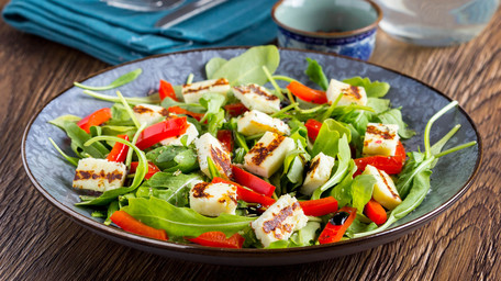 Crispy Halloumi and Irish Strawberry Salad with pickled cucumber