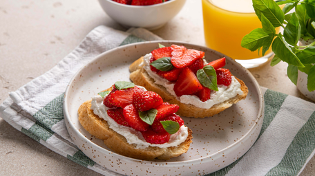 Pickled Strawberry croustini with Whipped Goats’ Cheese