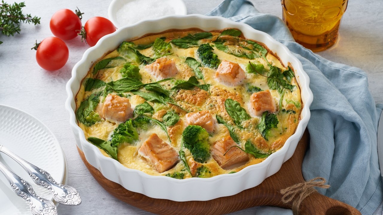 Smoked Salmon & Prawn Frittata with Feta, and Cherry Tomatoes