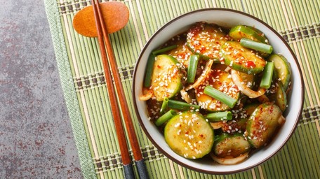 Smashed Baby Potato & Cucumber Salad with Chilli Dressing topped with Shredded Roast Chicken