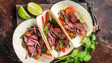 Griddled Steak Flatbread with Muhammara, Crispy Onions & Smoked Onion Mayo