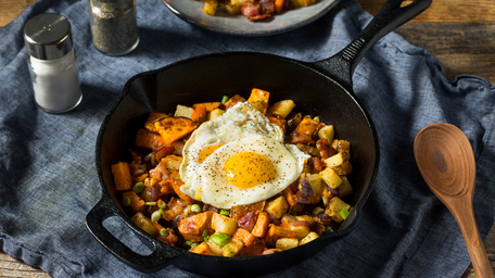 Smashed Roast Potatoes, Romesco & Crispy Fried Eggs