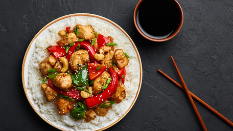 Sichuan Chilli Chicken with lemon grass and lime leaf steamed jasmine rice