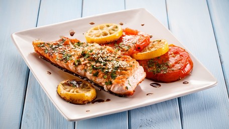 Puttanesca Style Salmon Traybake with Tomato Anchovy Marinade and Herby Oil Dressing