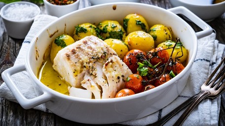 Oven baked Cod with Basil, Cherry Tomatoes and Baby Potatoes 