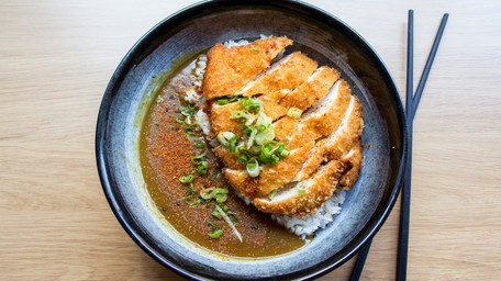 Chicken Katsu Curry with Rice & Asian themed side salad