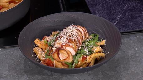 Air Fryer Bacon wrapped Garlic Chicken with Creamy Tomato Casarecce