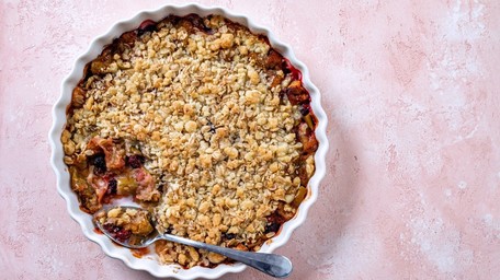 Apple and Blackberry Crumble with Vanilla Custard and Stewed Rhubarb