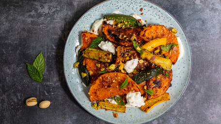 Butternut Squash & Chilli Hash with Garlic Yogurt & Jalapeño–Peach Hot Sauce