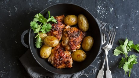 Roast Chicken, Sticky Plums & Potatoes