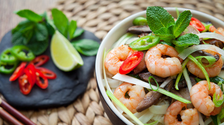 Asian Style Broth with Fresh Prawns Noodles and Bok Choy