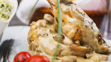 Crispy Roasted Chicken Legs with a Creamy Mushroom Sauce