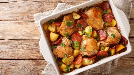 Chorizo & Chicken Traybake with Baby Potatoes, Roast Veg, Creamy Ranch Dressing & Gremolata