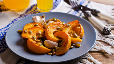 Spice-Roasted Pumpkin and Crispy Chickpeas with Butter & Mustard Dressing