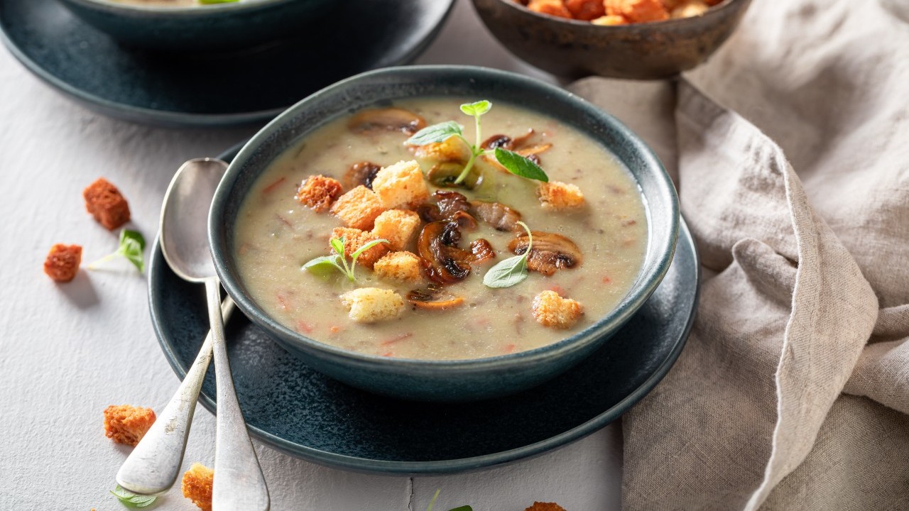 Creamy Mushroom Soup with Parmesan & Rosemary Brioche Croutons