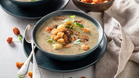 Creamy Mushroom Soup with Parmesan & Rosemary Brioche Croutons