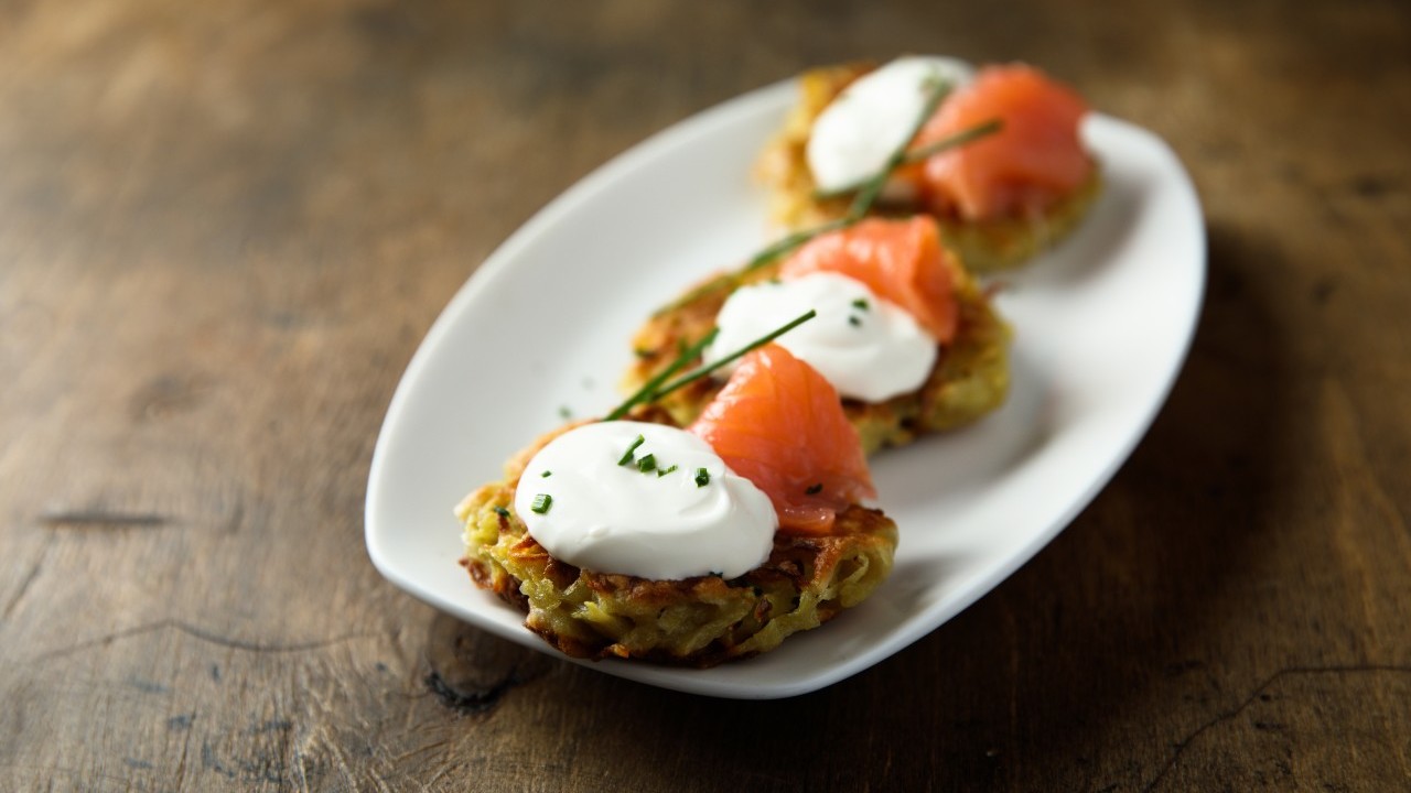 Spring Onion Potato Cakes, Smoked Salmon, Cirtus Crème Fraîche