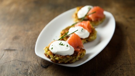 Spring Onion Potato Cakes, Smoked Salmon, Cirtus Crème Fraîche