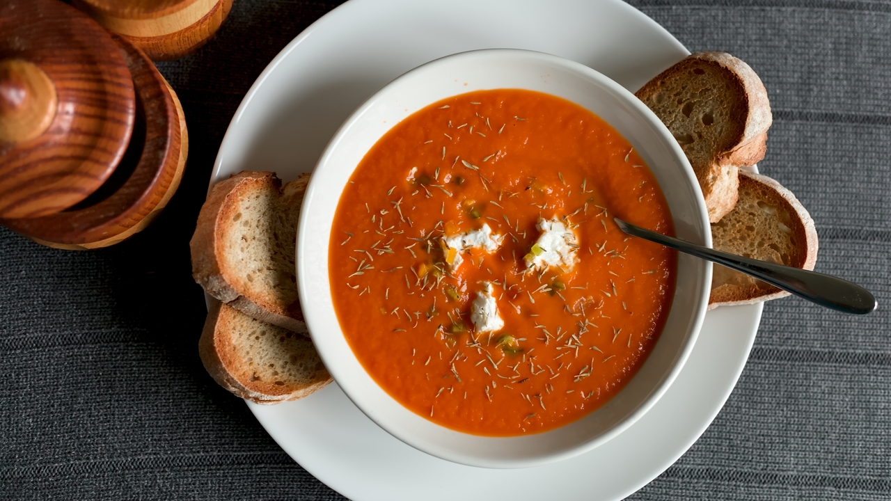 Roasted Red Pepper, Tomato and Feta Soup