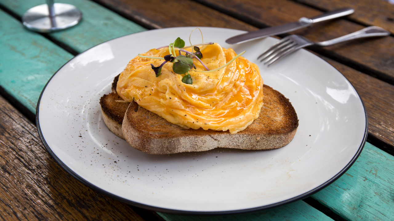 Scrambled Eggs, Sourdough & Pancetta & Breakfast Mimosas