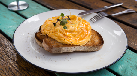 Scrambled Eggs, Sourdough & Pancetta & Breakfast Mimosas