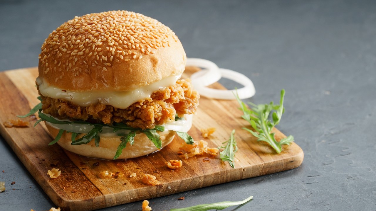 Air Fryer Crispy Chicken Burger, Rainbow Slaw & Potato Cubes