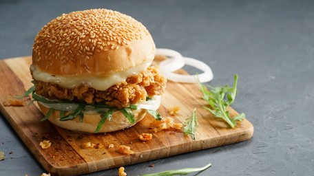 Air Fryer Crispy Chicken Burger, Rainbow Slaw & Potato Cubes