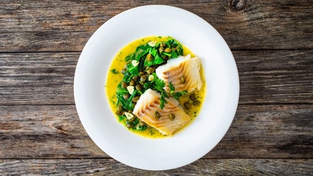 Roast Cod with Shrimp Butter & Spinach