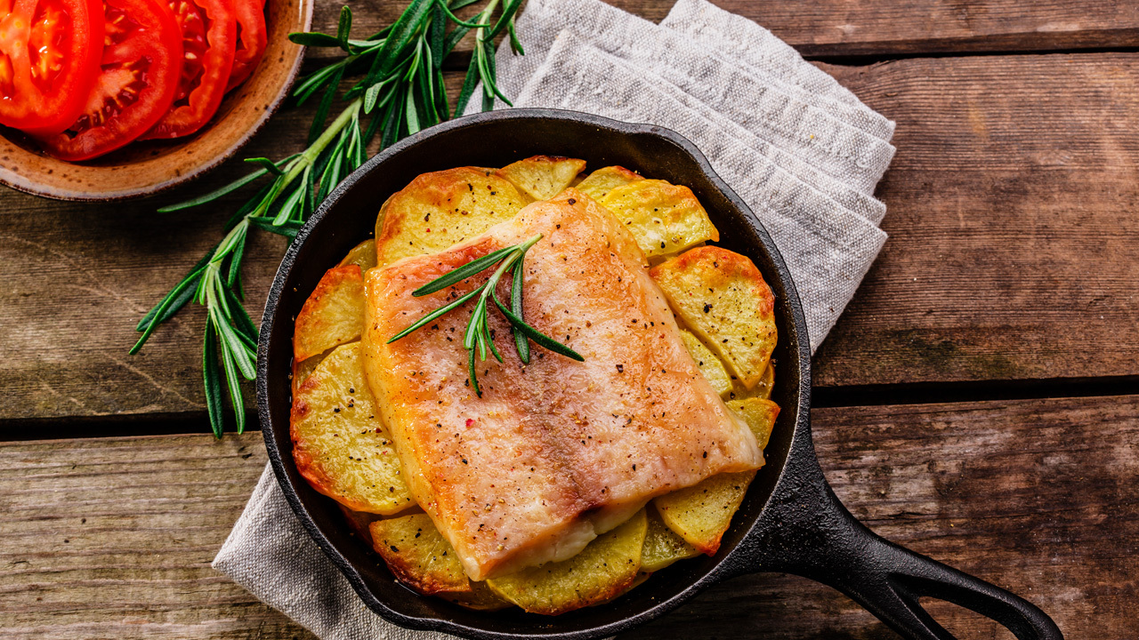 Pan-seared cod with chorizo and Irish potatoes