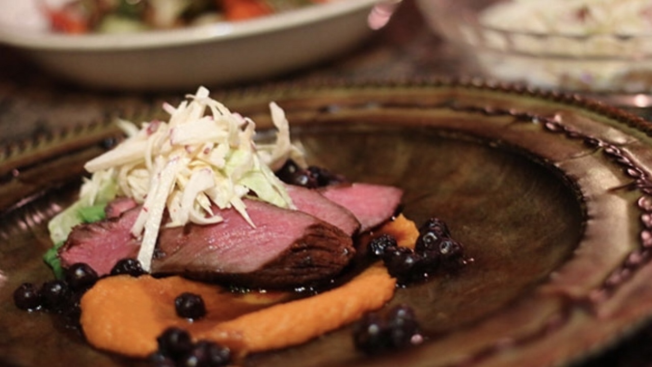 Venison With Juniper Berry And Blueberry Sauce, Sweet Potato Mash And Pickled Red Cabbage