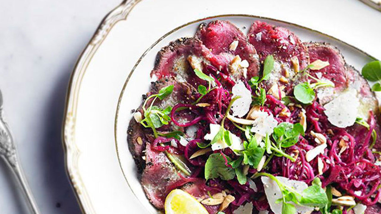 Biltong Carpaccio with Beetroot, Wild Mushroom,Parmesan & Spiced Walnut Crumble