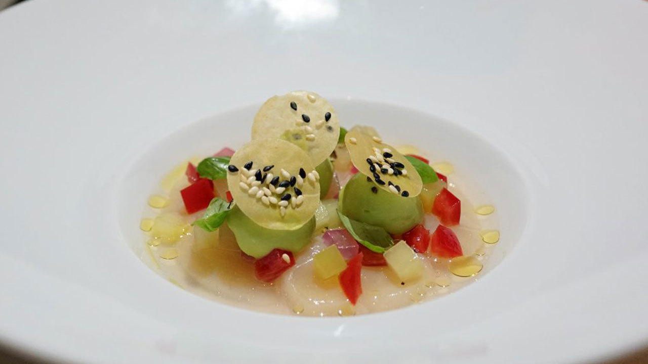 Lime Marinated Scallops, Avocado Purée and Crème Fraiche