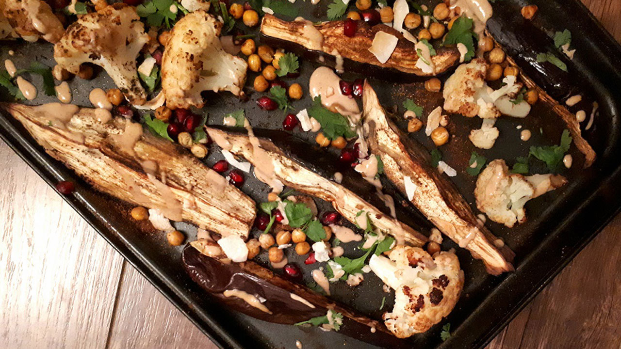 Roasted Aubergine and Cauliflower with Crispy Chickpeas, Pomegranate and Tahini Dressing