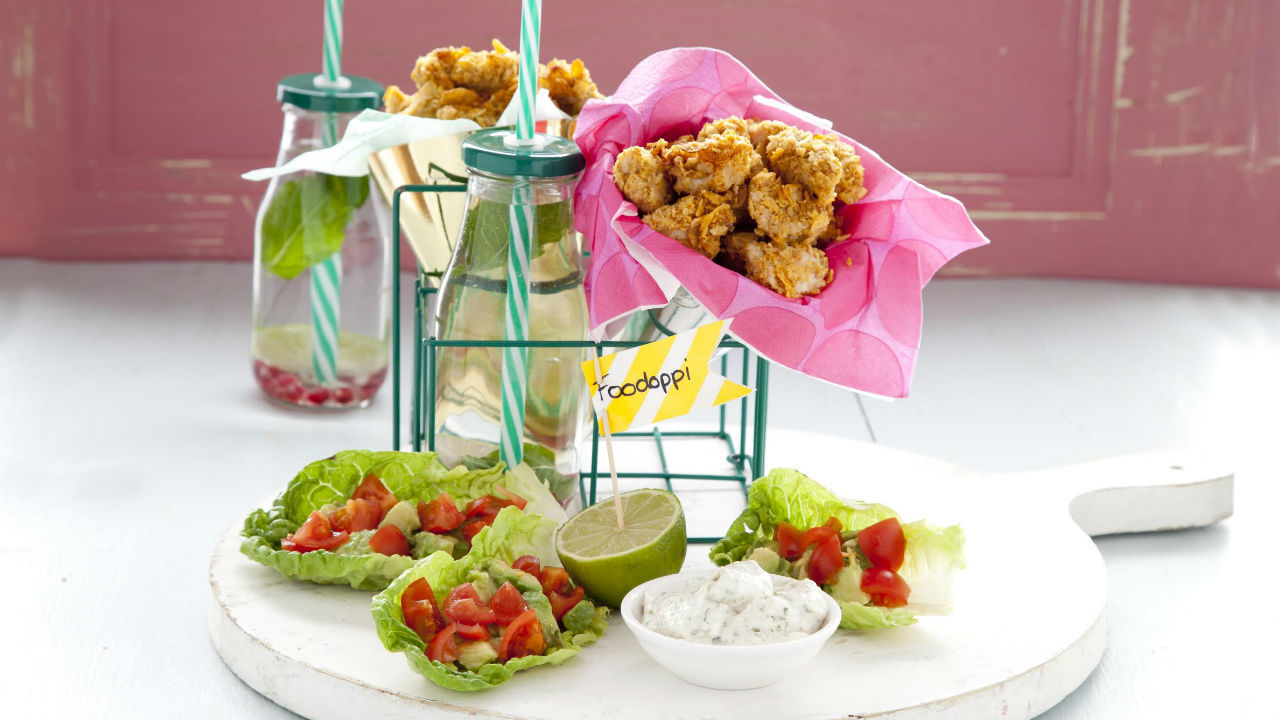 Popcorn Chicken with Avocado Boats and Healthy Ranch Dressing