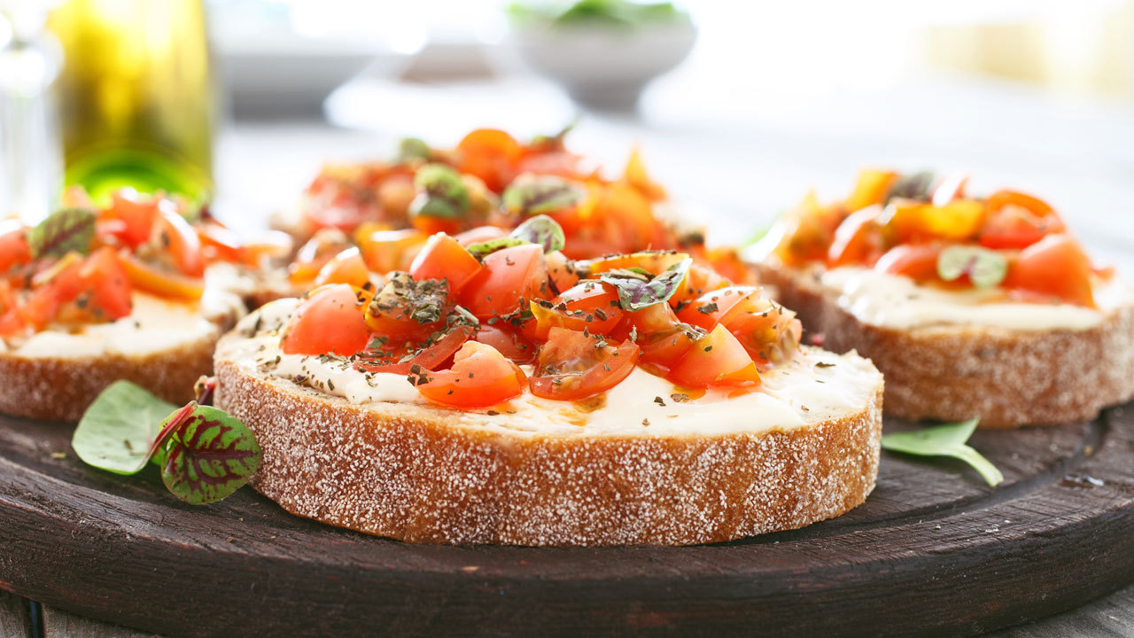 Pink peppercorn goats cheese Bruschetta with Pico de gallo